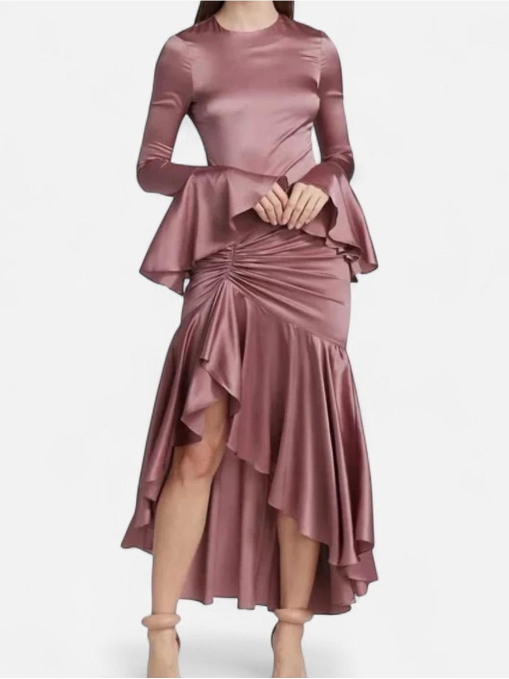 Caroline Constas Satin Mauve Ruffle High-Low Dress